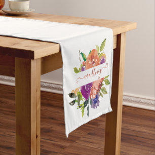 Caminho De Mesa Pequeno Floral personalizado em aquarela roxa e laranja