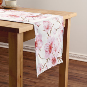 Caminho De Mesa Pequeno Flores de Cerejeira Rosa Branco