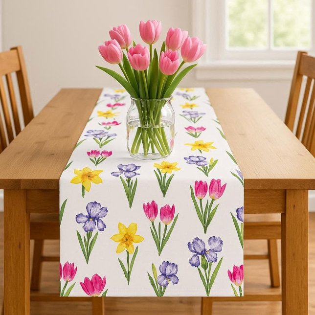 Caminho De Mesa Pequeno Flores de Primavera Tulipas Narcisos Íris (Mockup of spring floral table runner.  Not actual size of runner, shown wider that actual )