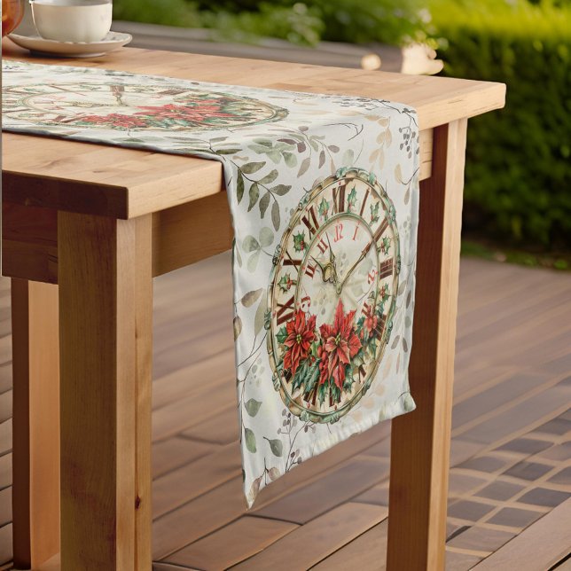 Caminho De Mesa Pequeno Folhagem Verde, Relógio com Poinsettia (Criador carregado)