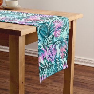Caminho De Mesa Pequeno Folhas tropicais cor-de-rosa e lacrimejante e mons