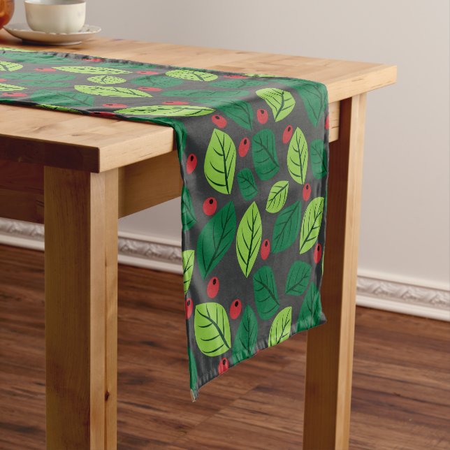 Caminho De Mesa Pequeno Folhas Verdes, Berries Vermelhos, Padrão De Folhas (No Local)