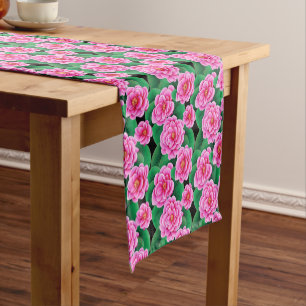 Caminho De Mesa Pequeno Fuchsia Pink Camellias e Jade Green Folhas