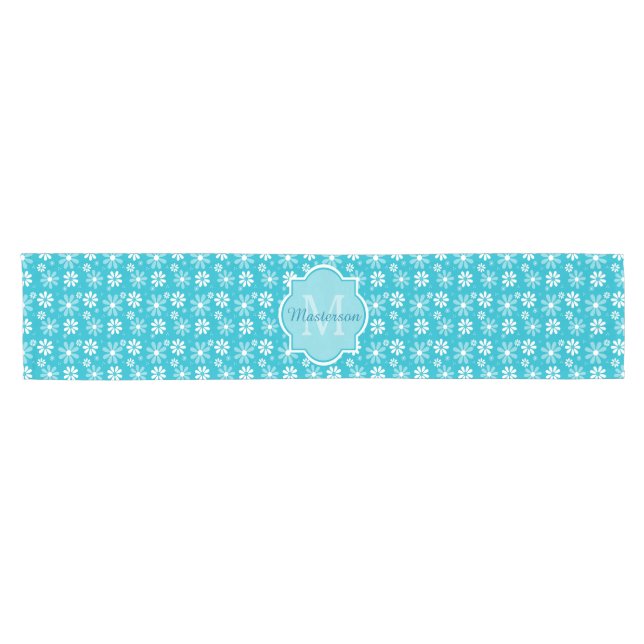 Caminho De Mesa Pequeno Girly Monogramas Turquoise Daisy Flowers Com Nome (Horizontal)