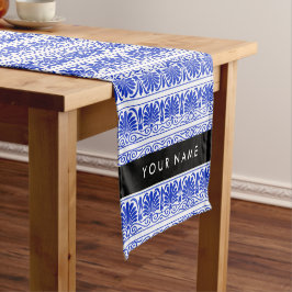 Caminho De Mesa Pequeno Grego Fret Arabesque Azul, Seu Nome, Personalize