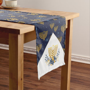Caminho De Mesa Pequeno Hanukkah Festival das Luzes Menorah Marinho Azul