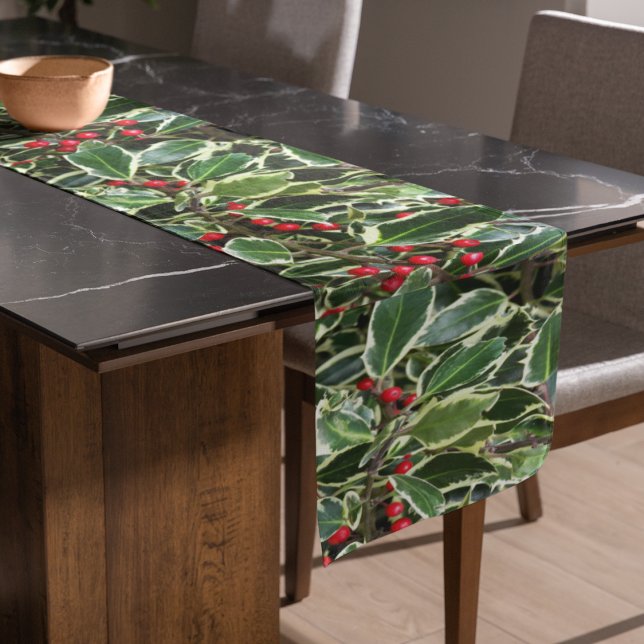 Caminho De Mesa Pequeno Holly Leaves e Red Berries Feriado (In Situ Dining Room)