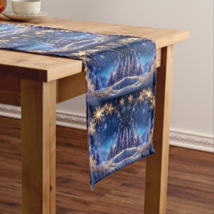 Caminho De Mesa Pequeno Hora mágica de Natal - Flocos de neve ouro em azul