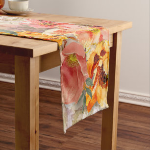 Caminho De Mesa Pequeno Laranja Borgonha Outono Floral Aquarela