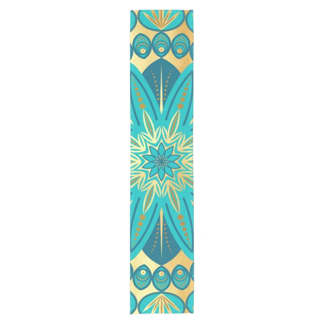 Caminho De Mesa Pequeno Mandala Flor de Ouro Azul (Frente)