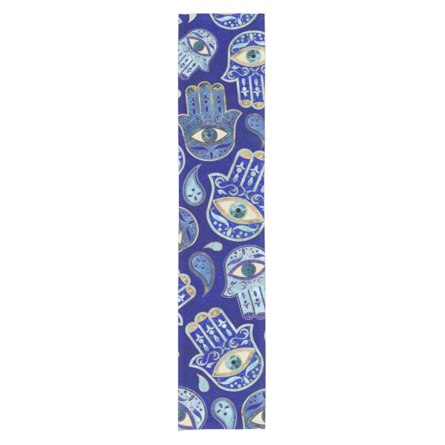 Caminho De Mesa Pequeno Mão de Hamsa - Mão de Fátima Padrão Minerais Azuis (Frente)