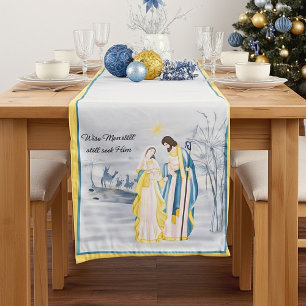 Caminho De Mesa Pequeno Maria, José e Jesus azul e dourado de Natal