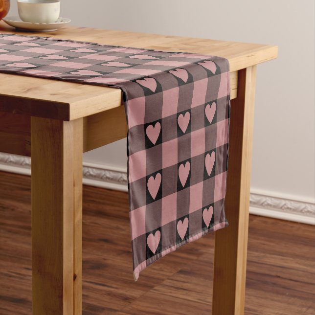 Caminho De Mesa Pequeno Mauve Pink Black Buffalo Heart Plaid Table Runner (No Local)