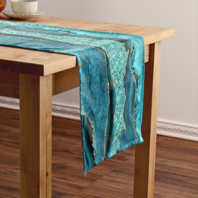Caminho De Mesa Pequeno Mesa azul-lacrimejante Dourada turquesa com brilho (No Local)
