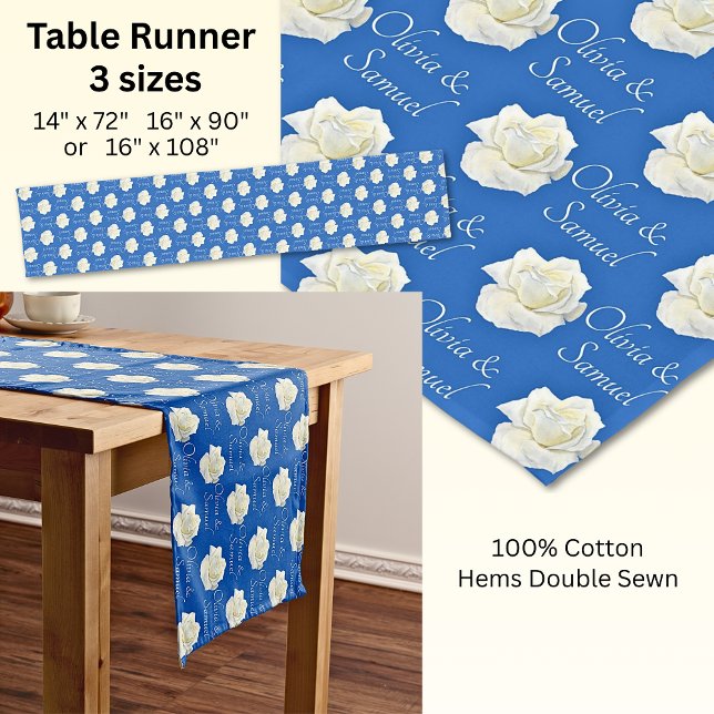 Caminho De Mesa Pequeno Mesa Runner Adicionar Nomes Rosas Brancas Azuis Co (Criador carregado)