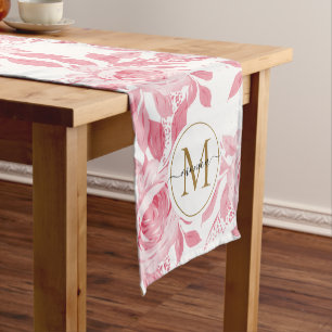 Caminho De Mesa Pequeno Monograma Dourado Floral, cor-de-água rosa-pentead