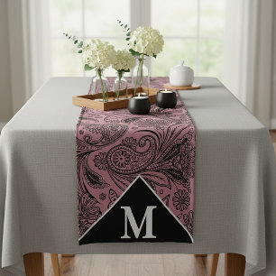 Caminho De Mesa Pequeno Monograma paisley em preto e dourado rosa