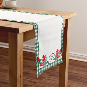 Caminho De Mesa Pequeno Monograma Personalizado de Gingham Verde e Pomegra