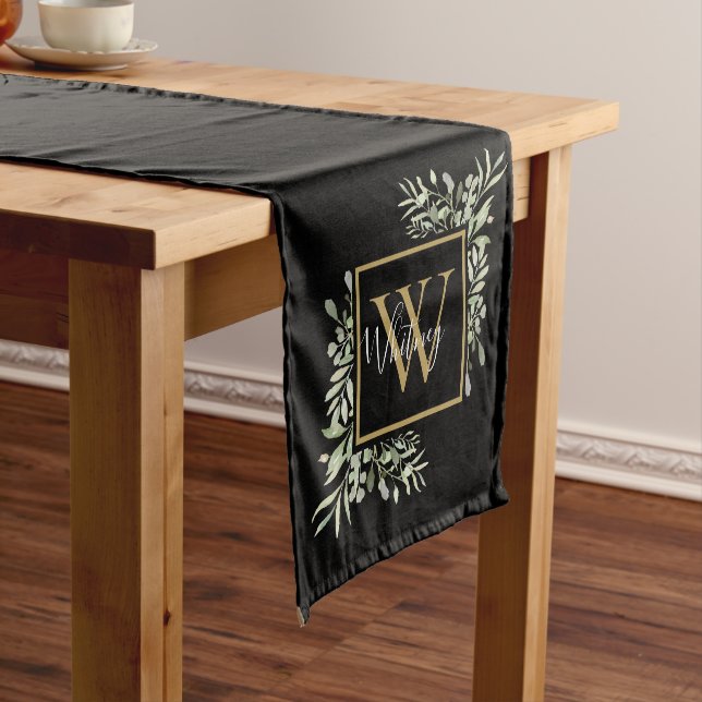 Caminho De Mesa Pequeno Monograma preto Dourado personalizado (No Local)