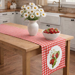 Caminho De Mesa Pequeno Morangos Country Style com Xadrez Vermelho