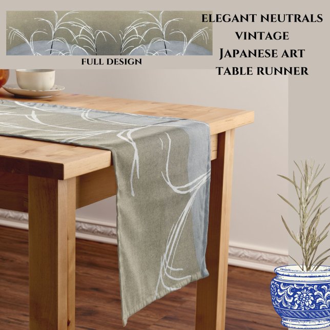 Caminho De Mesa Pequeno Neutrais Elegantes Arte Japonesa Moderna Minimalis (Elegant neutrals vintage Asian art table runner in calm grey and warm beige. )