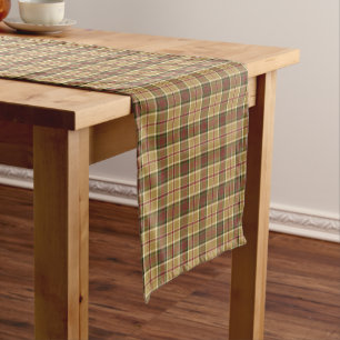 Caminho De Mesa Pequeno Ouro, verde de musgo e xadrez do vermelho
