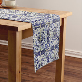 Caminho De Mesa Pequeno Padrão de Azulejo Branco Geométrico Azul Vintage