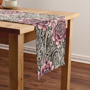 Caminho De Mesa Pequeno Padrão de Flor Rosa Gótico Grande Vintage