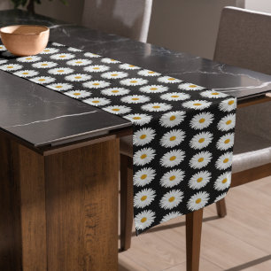 Caminho De Mesa Pequeno Padrão Floral de Margarida Branca em Preto