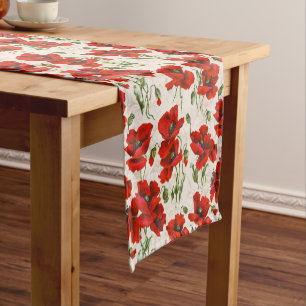 Caminho De Mesa Pequeno Padrão Floral de Papoula Vermelha Vintage Arte Bot