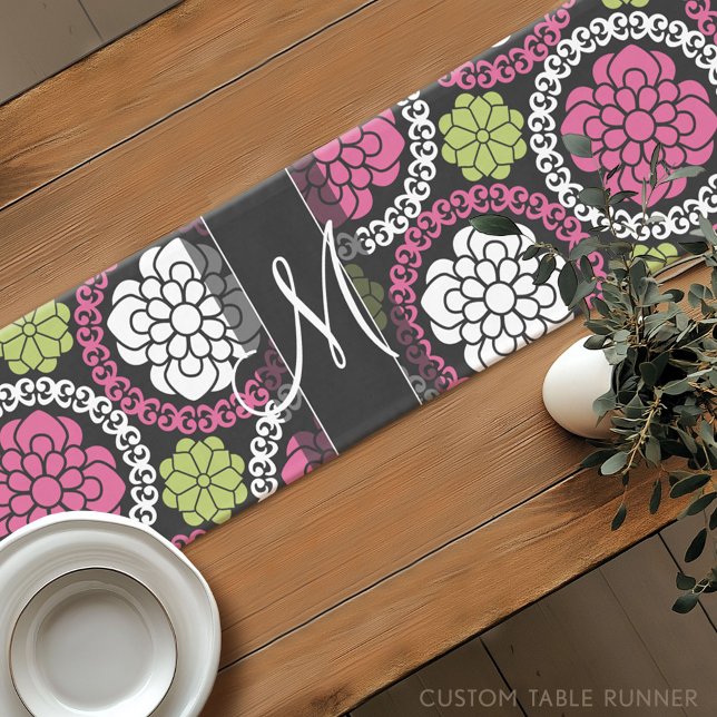 Caminho De Mesa Pequeno Padrão Floral de Trendy Rosa Quente e Monograma Pr (Custom Table Runner)