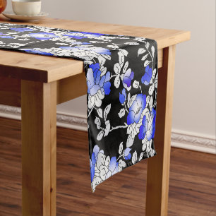 Caminho De Mesa Pequeno Padrão Floral Preto Branco Azul Elegante