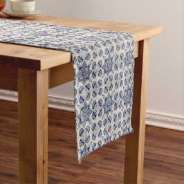 Caminho De Mesa Pequeno Padrão Geométrico do Flor Branco Azul-Vintage