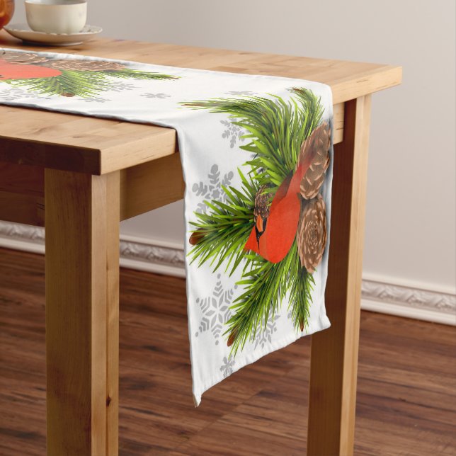 Caminho De Mesa Pequeno Pano de mesa de Natal com pinhas e cardeais (No Local)