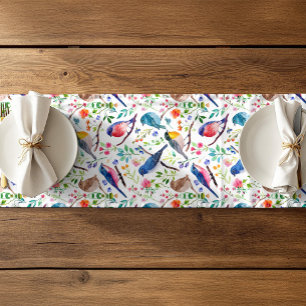 Caminho De Mesa Pequeno Pássaros Coloridos e Flores Brancas