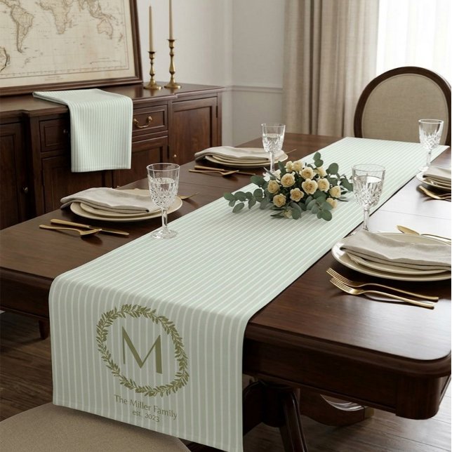 Caminho De Mesa Pequeno Personalized Olive Wreath Monogram & Family Name  (Criador carregado)