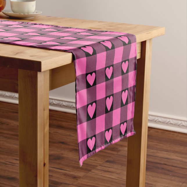 Caminho De Mesa Pequeno Pink Black Buffalo Heart Plaid Table Runner (No Local)