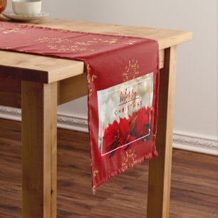 Caminho De Mesa Pequeno Poinsétias vermelhas com Feliz Natal dourado de