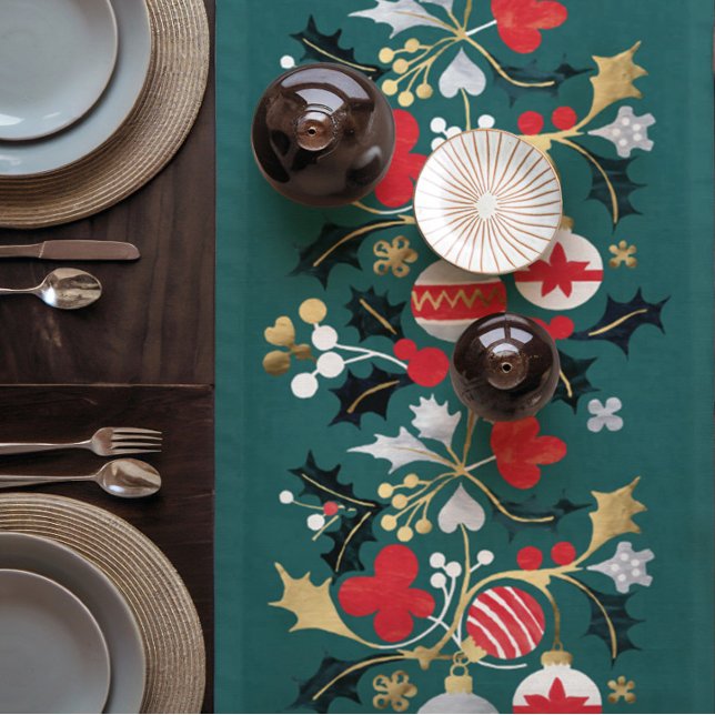 Caminho De Mesa Pequeno Red Silver de Férias Modernas e Teal de Ornamentos (Modern Christmas Ornaments Teal Table Runner with Silver Gold & Red accents)