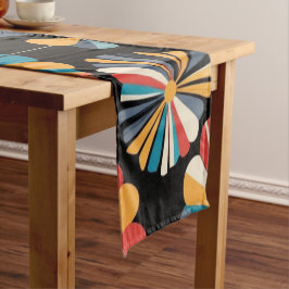 Caminho De Mesa Pequeno Retro Black Rainbow geometric Flowers Pattern 