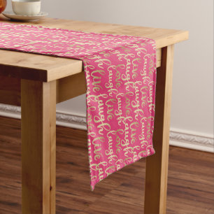 Caminho De Mesa Pequeno Rir ao Vivo Com Amor Falso Dourado Com Letra Rosa 