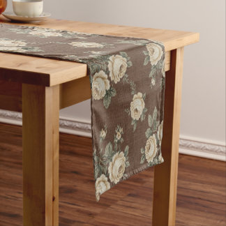 Caminho De Mesa Pequeno Rosas Vintage Creme em Padrão Marrom Mocha