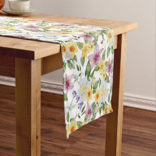 Caminho De Mesa Pequeno Roxo Amarelo Branco Verde Floral Elegante Chic