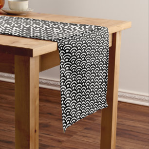 Caminho De Mesa Pequeno Seigaiha, Ondas, Japonês, Preto e Branco