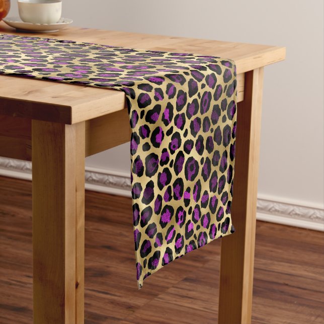 Caminho De Mesa Pequeno Série Design Leopardo Roxo e Dourado 4 (No Local)