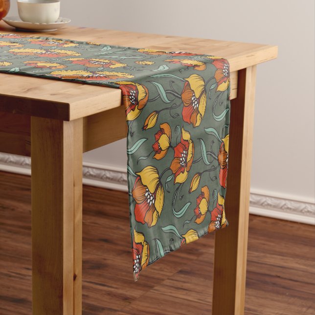 Caminho De Mesa Pequeno Teal Dourado Laranja Floral Retro (No Local)