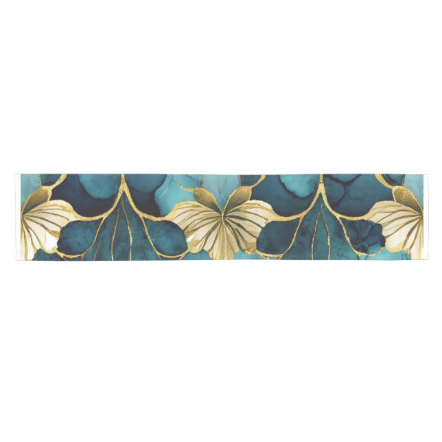 Caminho De Mesa Pequeno Teal Floral Japonês Dourado (Horizontal)