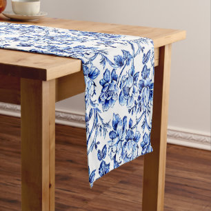 Caminho De Mesa Pequeno Toile de Jouy de Magnolias Azul e Branca
