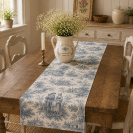 Caminho De Mesa Pequeno Toile Rústico Francês Romântico em Azul Empoeirado