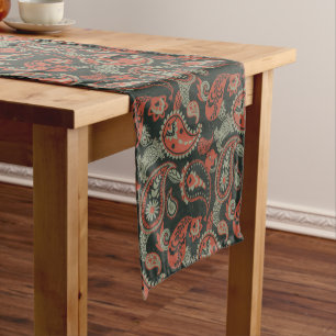 Caminho De Mesa Pequeno Tradicional Paisley Linocut Laranja Quente Verde